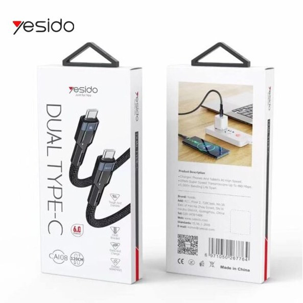 کابل تبدیل فست شارژ Yesido CA108 Type-C to Type-C 60W 1.2m