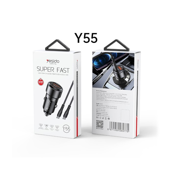شارژر فندکی سوپر فست شارژ همراه کابل تایپسی یسیدو YESIDO Y55