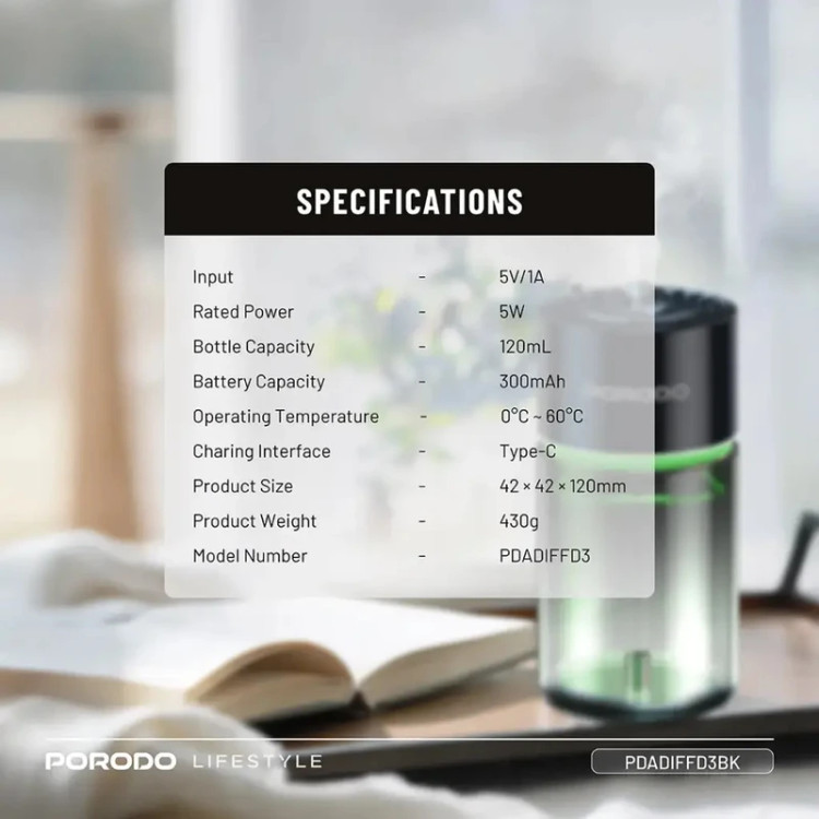 خوشبو کننده هوشمند پرودو Porodo Lifestyle Valencia Smart Aroma Diffuser PDADIFFD3BK