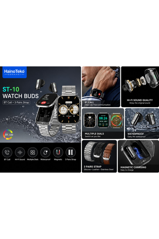 ساعت هوشمند ایرپاد دار هاینوتکو ضد آب و صفحه آمولد WATCH BUDS ST-10 WATERPROOF