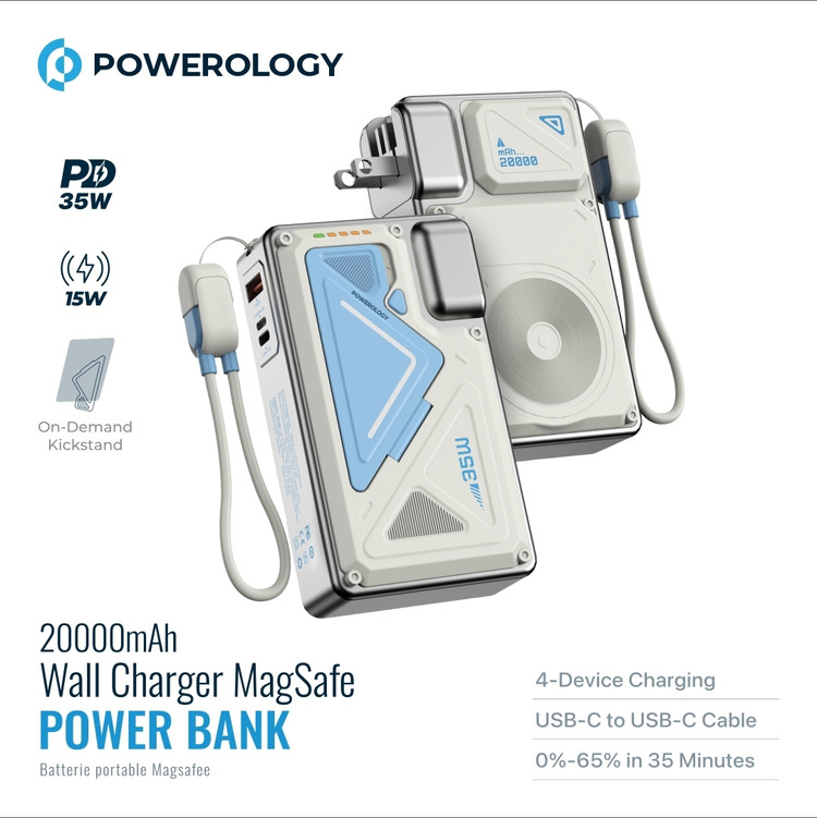 شارژر دیواری و پاوربانک وایرلس 20000 پاورولوژی مدل Powerology Wall Charger MagSafe Power Bank 20000mAh PPBMH104