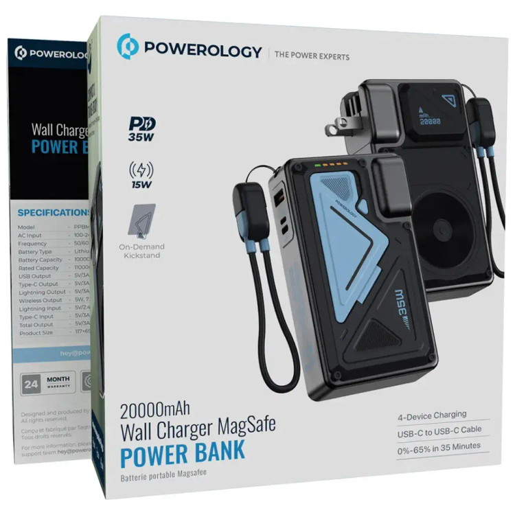 شارژر دیواری و پاوربانک وایرلس 20000 پاورولوژی مدل Powerology Wall Charger MagSafe Power Bank 20000mAh PPBMH104