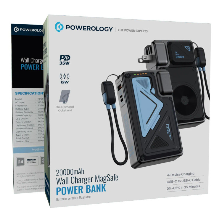 شارژر دیواری و پاوربانک وایرلس 20000 پاورولوژی مدل Powerology Wall Charger MagSafe Power Bank 20000mAh PPBMH104