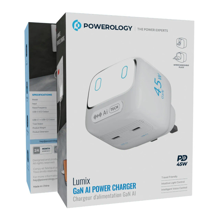 آداپتور شارژ 45 وات هوشمند پاورولوژی Powerology Lumix GaN AI Power Charger PWCUQC052WH