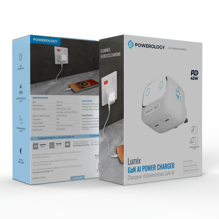آداپتور شارژ 45 وات هوشمند پاورولوژی Powerology Lumix GaN AI Power Charger PWCUQC052WH