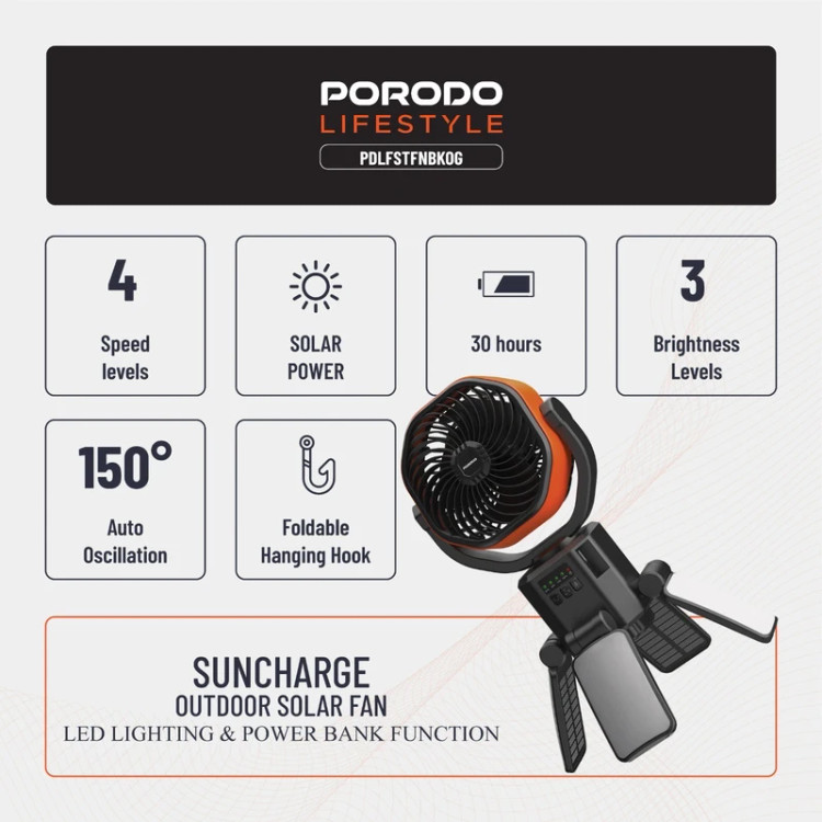 پنکه شارژی خورشیدی پرودو مدل Suncharge با پاوربانک