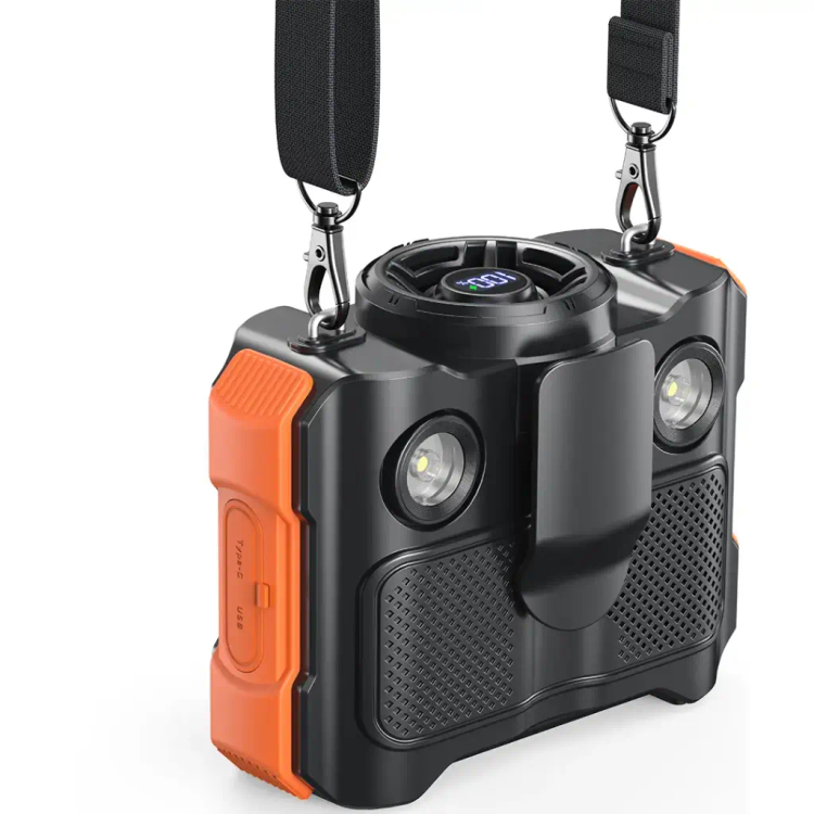 پنکه کمری بلوتوثی Porodo Lifestyle | پنکه شارژی ۸۰۰۰ میلیآمپرساعتی با اسپیکر و چراغ LED و پاوربانک