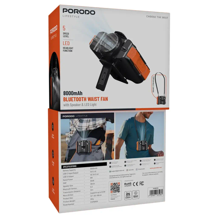 پنکه کمری بلوتوثی Porodo Lifestyle | پنکه شارژی ۸۰۰۰ میلیآمپرساعتی با اسپیکر و چراغ LED و پاوربانک