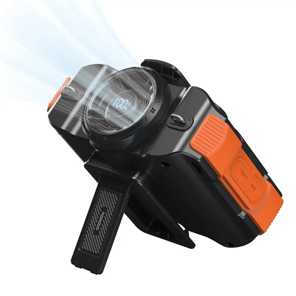 پنکه کمری بلوتوثی Porodo Lifestyle | پنکه شارژی ۸۰۰۰ میلی‌آمپرساعتی با اسپیکر و چراغ LED و پاوربانک