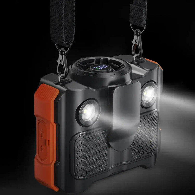 پنکه کمری بلوتوثی Porodo Lifestyle | پنکه شارژی ۸۰۰۰ میلیآمپرساعتی با اسپیکر و چراغ LED و پاوربانک