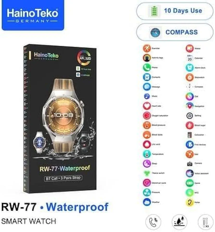 ساعت هوشمند  آمولد هاینوتکو مدل RW-77 ضدآب با قابلیت تماس بلوتوثی، قطب‌نما و باتری 10 روزه