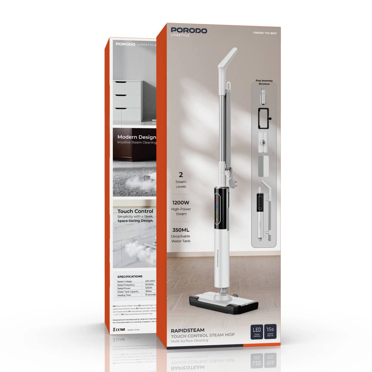 تیشور بخارشور پرودو مدل RapidSteam با کنترل لمسی، توان 1200 وات و مخزن آب 350 میلیلیتری(PDLFSTD21BK)