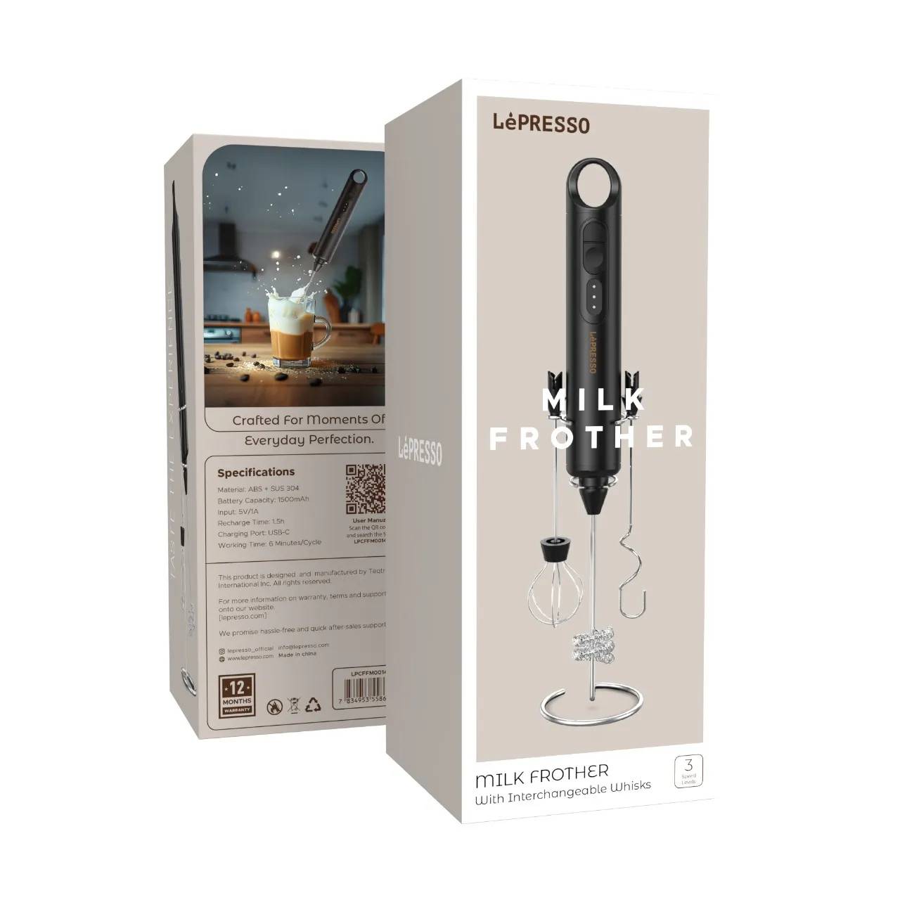کف ساز شیر و همزن شارژی دستی LePresso مدل LPCFFM0014 با ۳ سرعت و ۳ سری
