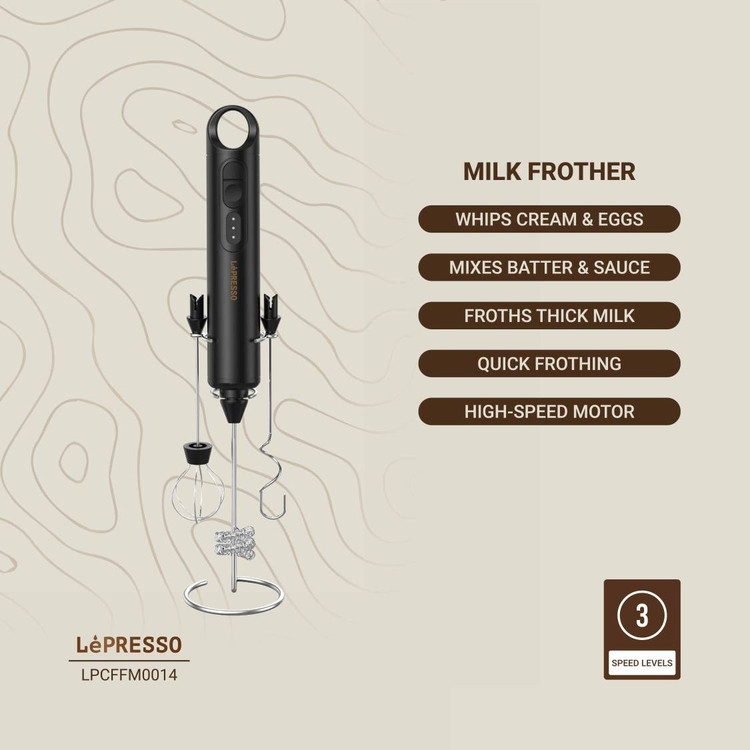 کف ساز شیر و همزن شارژی دستی LePresso مدل LPCFFM0014 با ۳ سرعت و ۳ سری