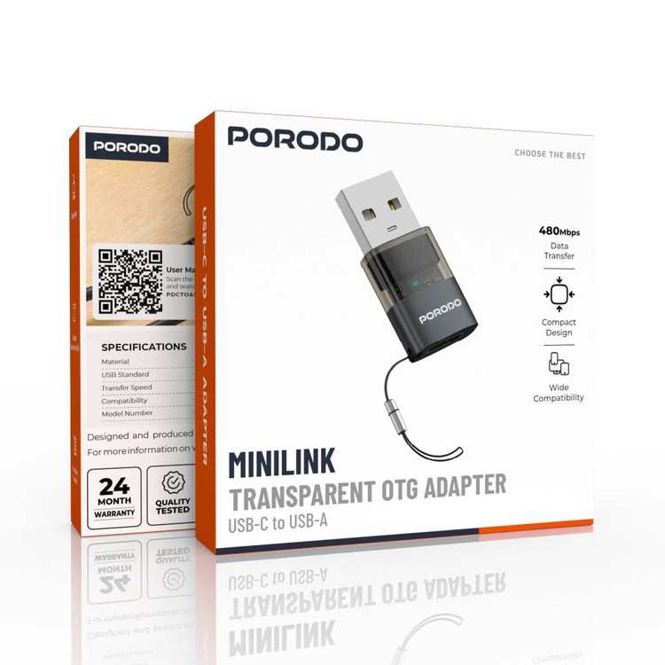 مبدل OTG شفاف پرودو مدل MINILINK با کانکتور USB-C به USB-A