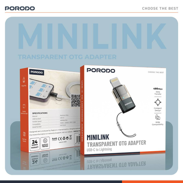 مبدل OTG شفاف پورودو مدل MINILINK با کانکتور USB-C به Lightning مدل PDCTOL50GY
