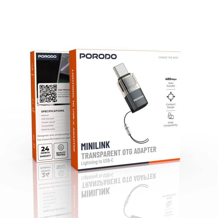 مبدل OTG شفاف پورودو مدل MINILINK با کانکتور Lightning به USB-C مدل PDLTOC50GY