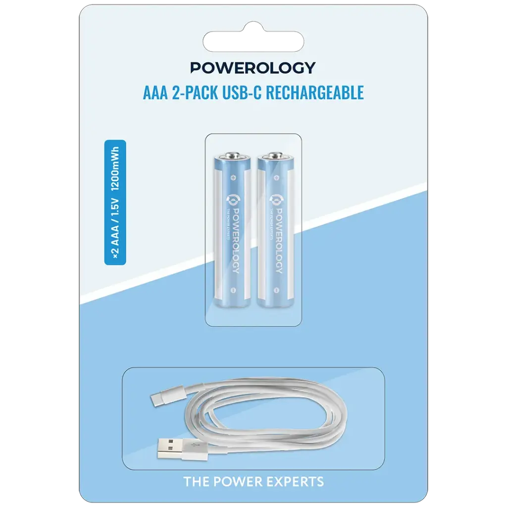 باتری نیم  قلمی شارژی USB-C پاورولوژی مدل PWAAA122 ظرفیت 1200 میلی‌وات‌ساعت بسته 2 عددی