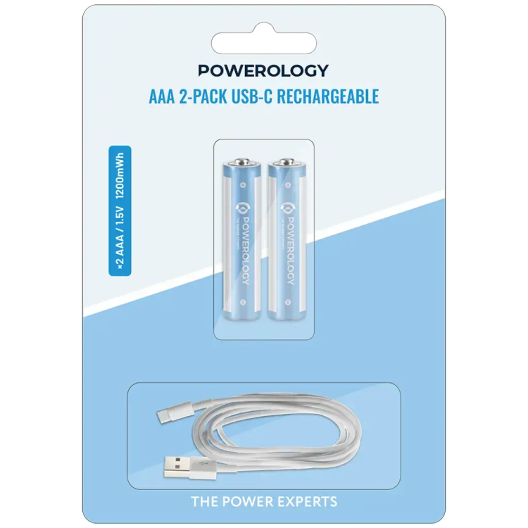 باتری نیم قلمی شارژی USB-C پاورولوژی مدل PWAAA122 ظرفیت 1200 میلیواتساعت بسته 2 عددی