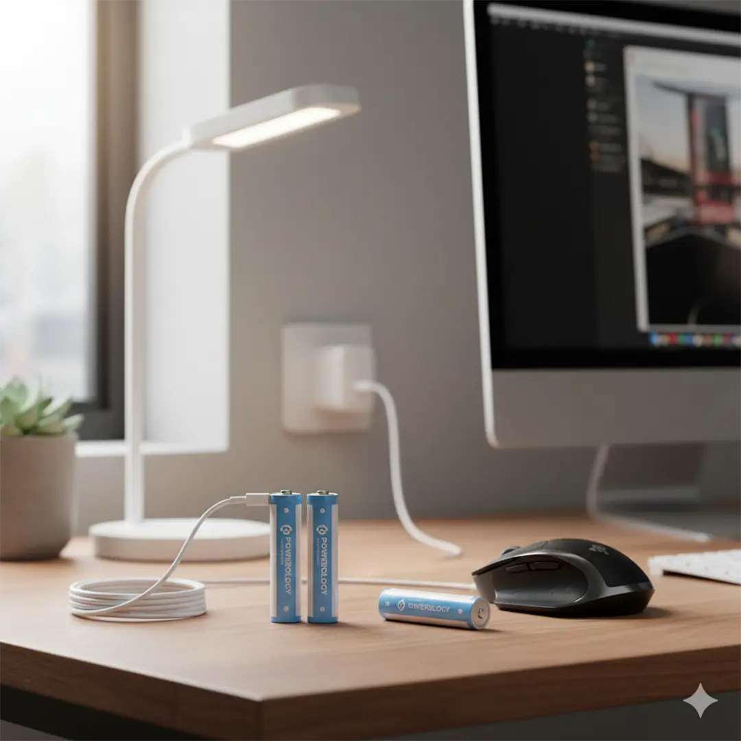 باتری نیم قلمی شارژی USB-C پاورولوژی مدل PWAAA122 ظرفیت 1200 میلیواتساعت بسته 2 عددی