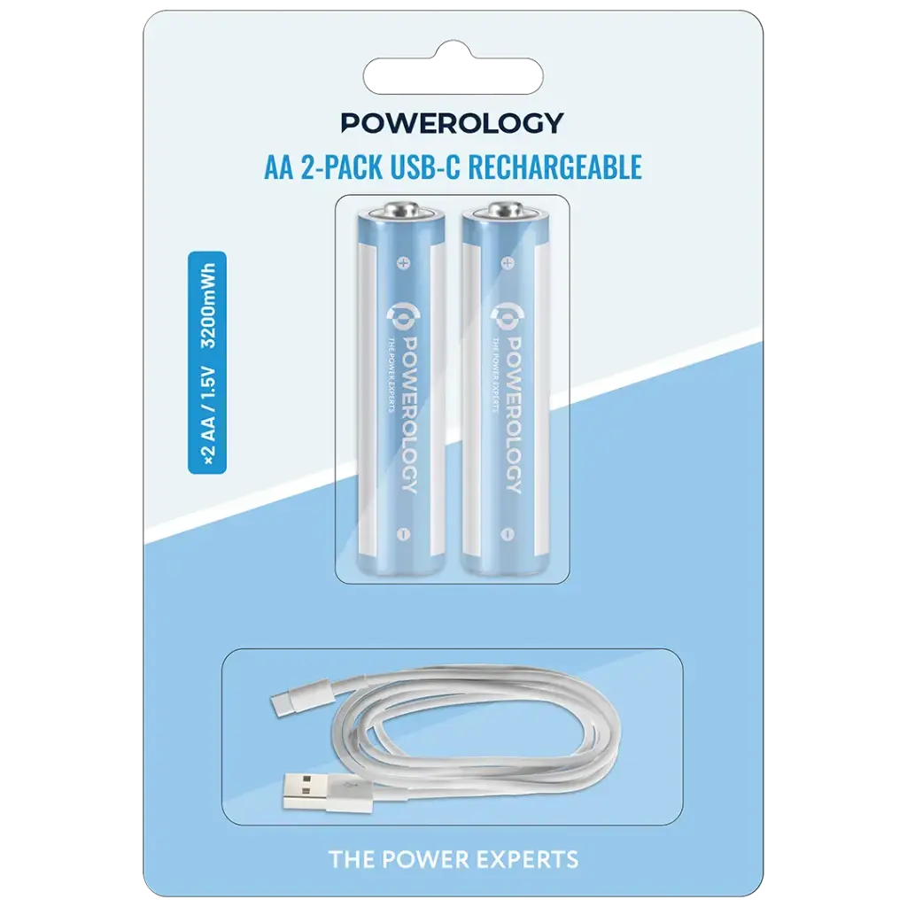 باتری قلمی شارژی USB-C پاورولوژی مدل PWAA322 ظرفیت 3200 میلی‌وات‌ساعت بسته 2 عددی