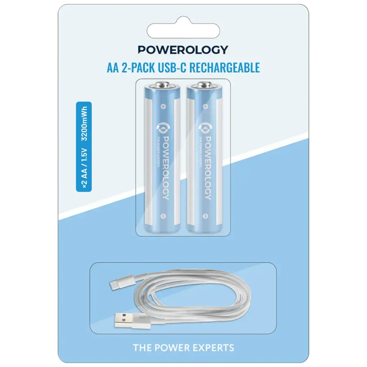 باتری قلمی شارژی USB-C پاورولوژی مدل PWAA322 ظرفیت 3200 میلیواتساعت بسته 2 عددی